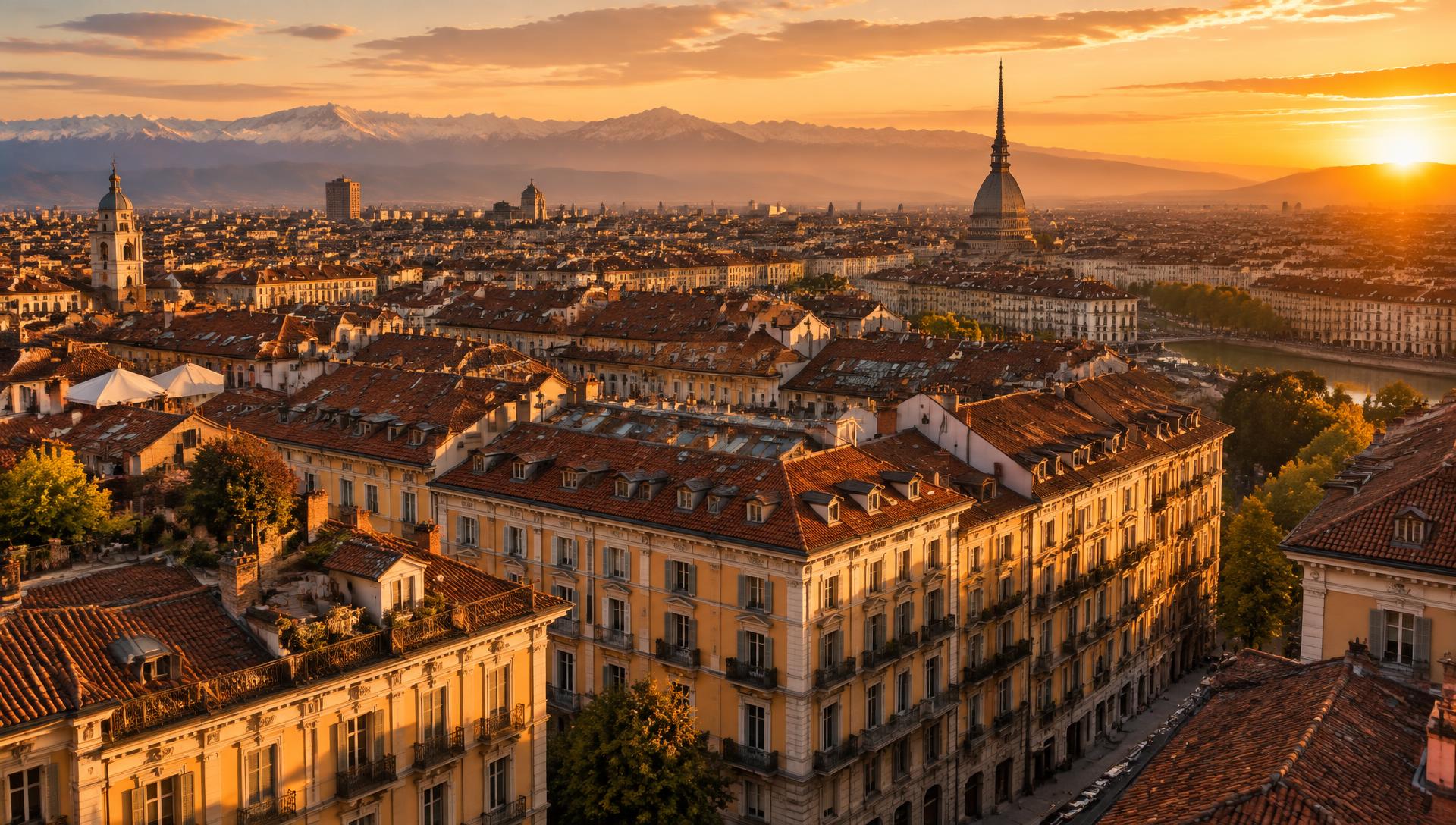 Veduta aerea dei tetti di Torino al tramonto