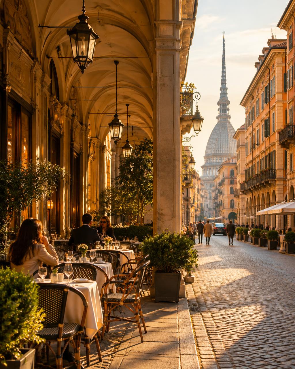 Le strade del centro di Torino al tramonto